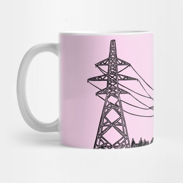 Electricity Pylons Linocut Silhouette on Pink by Maddybennettart